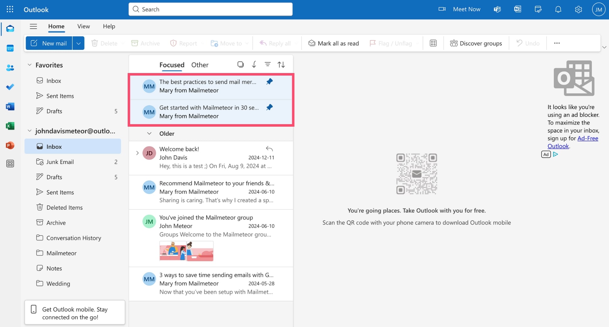 Pinned emails section in Outlook web