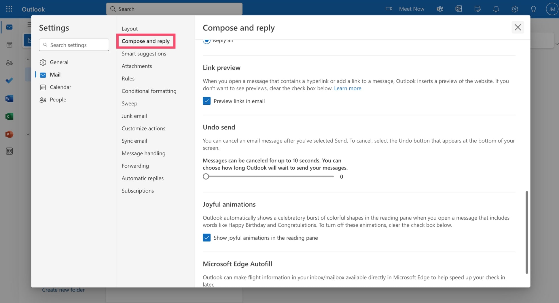 The Compose and reply menu in Microsoft Outlook