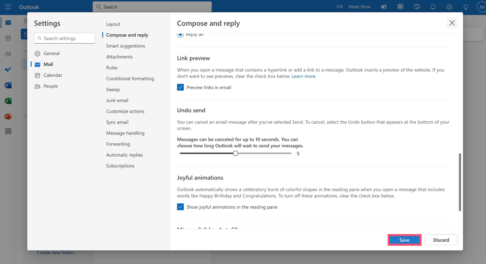 Save changes in Microsoft Outlook