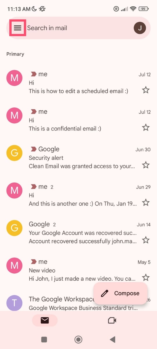 Gmail app menu