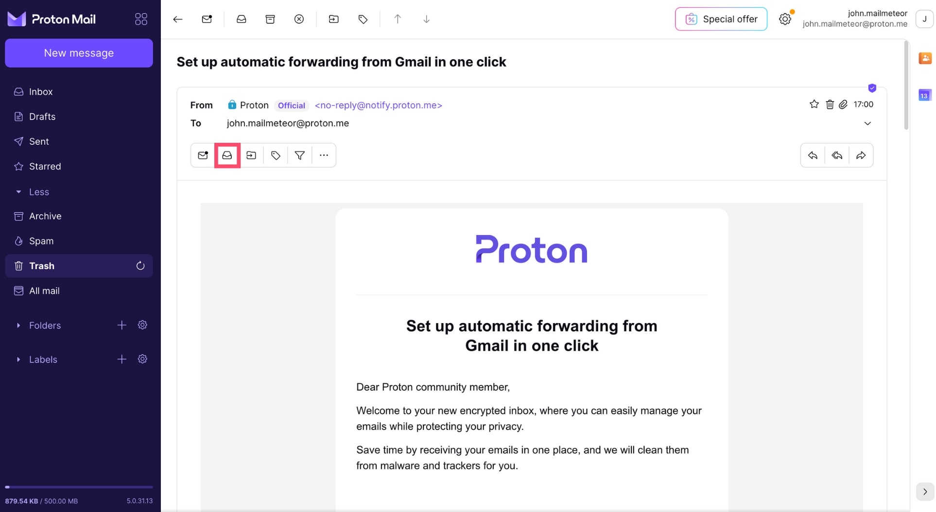 Move deleted emails to inbox in Proton Mail