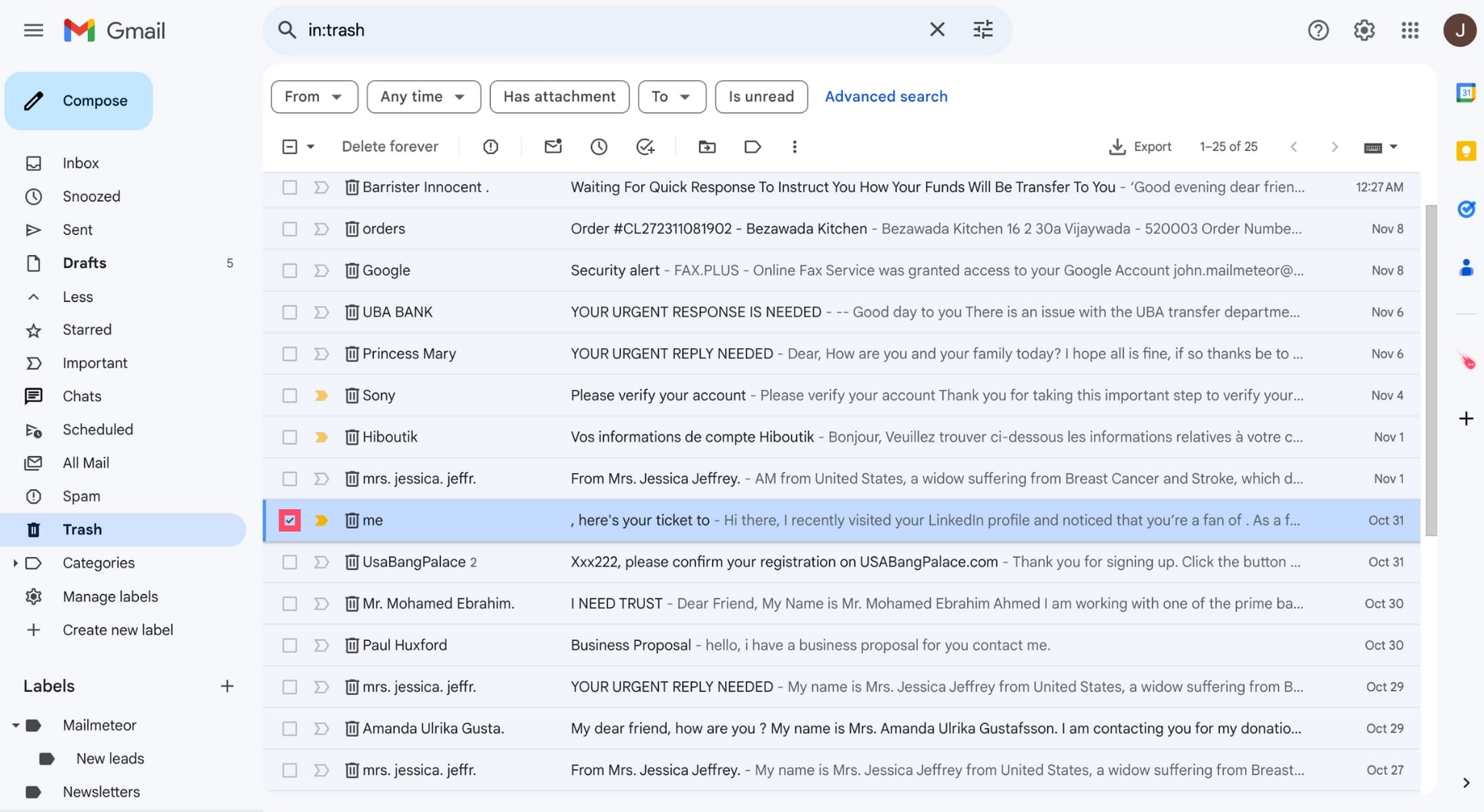 Select a deleted email in Gmail