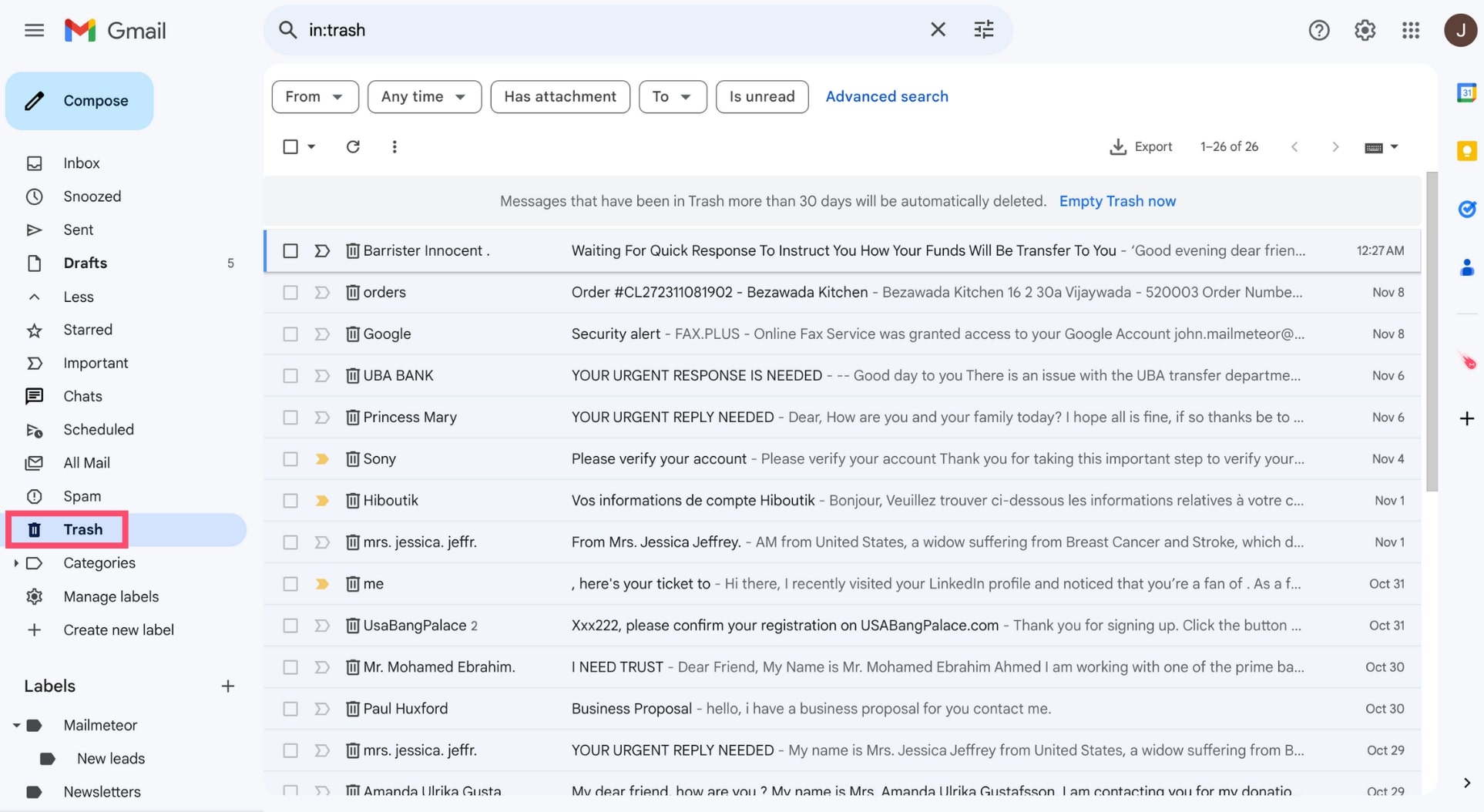 Gmail trash folder