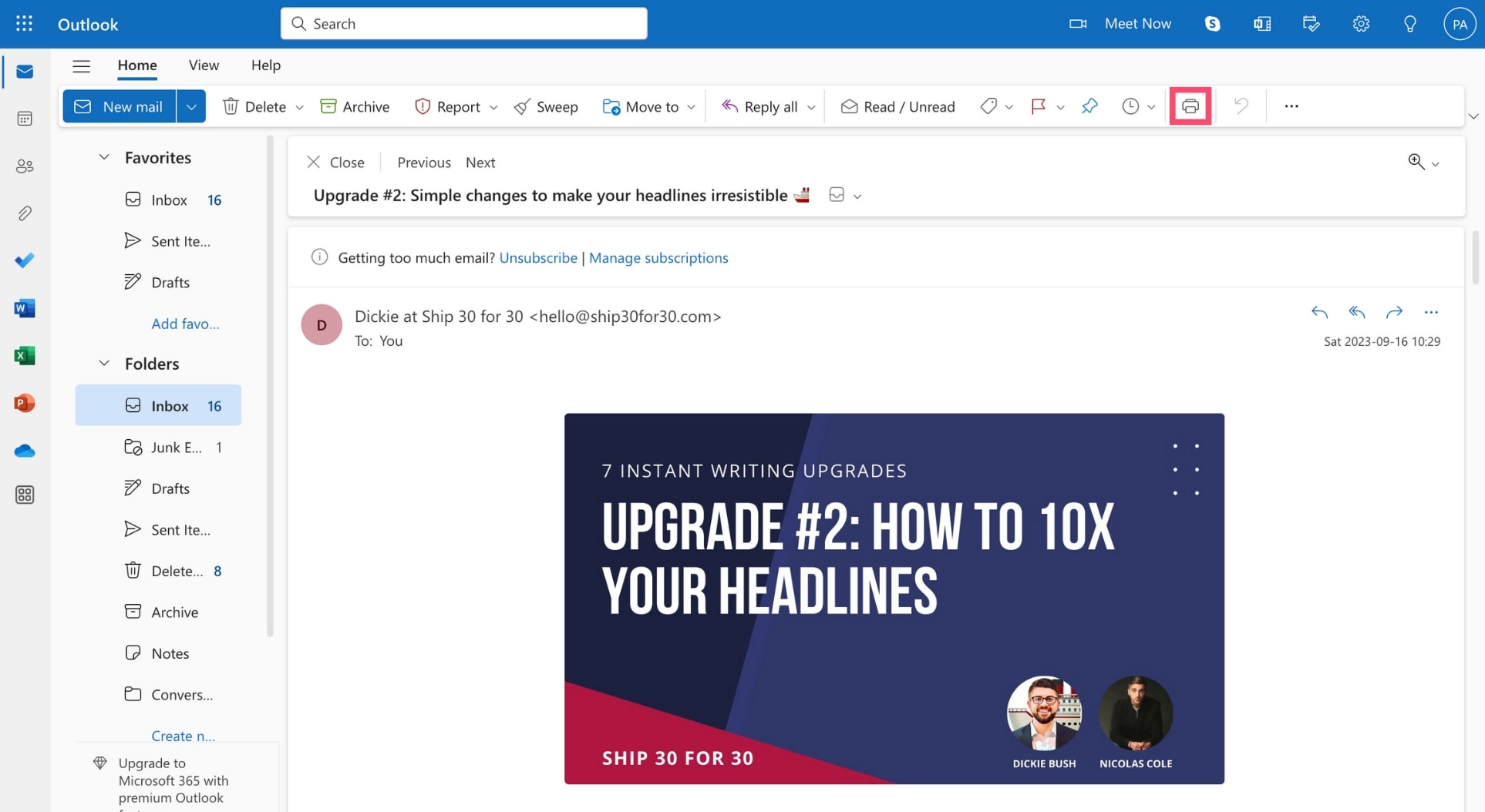 The print feature in Outlook
