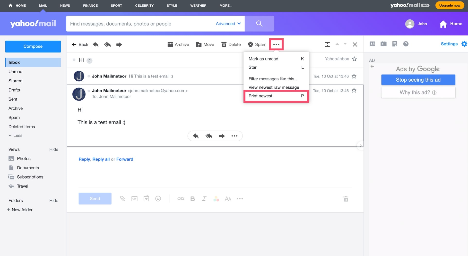 The print feature in Yahoo Mail
