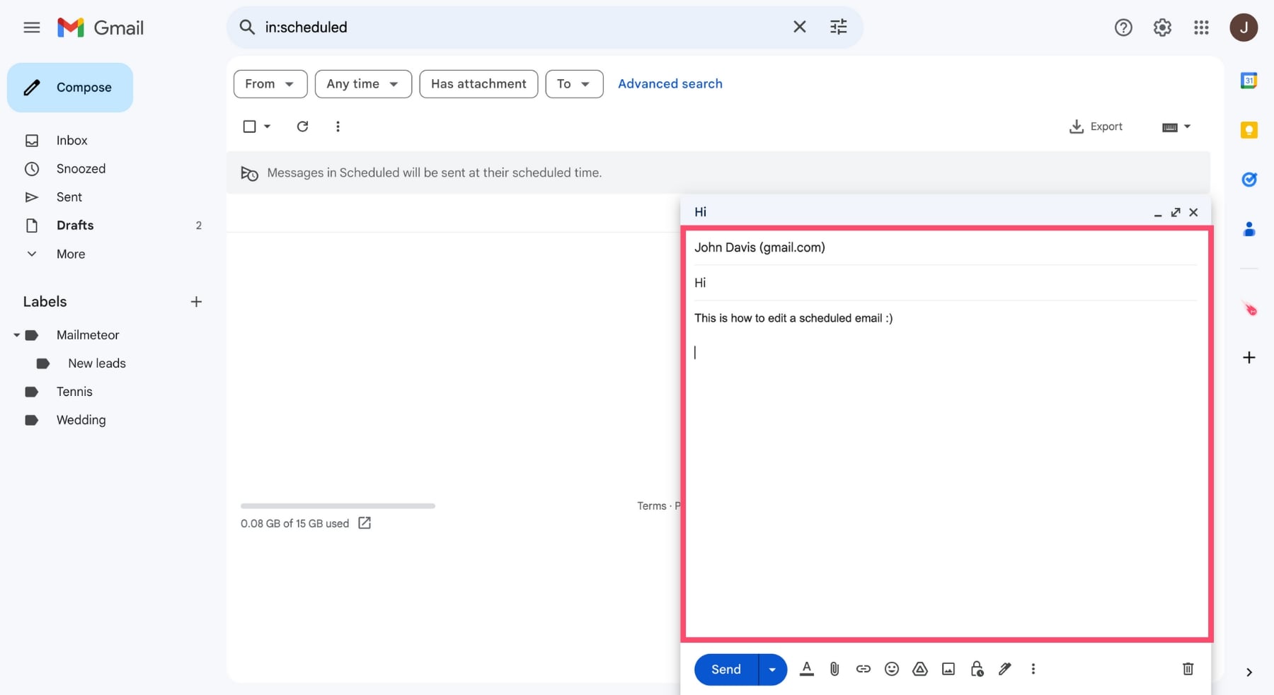 Edit scheduled email in Gmail