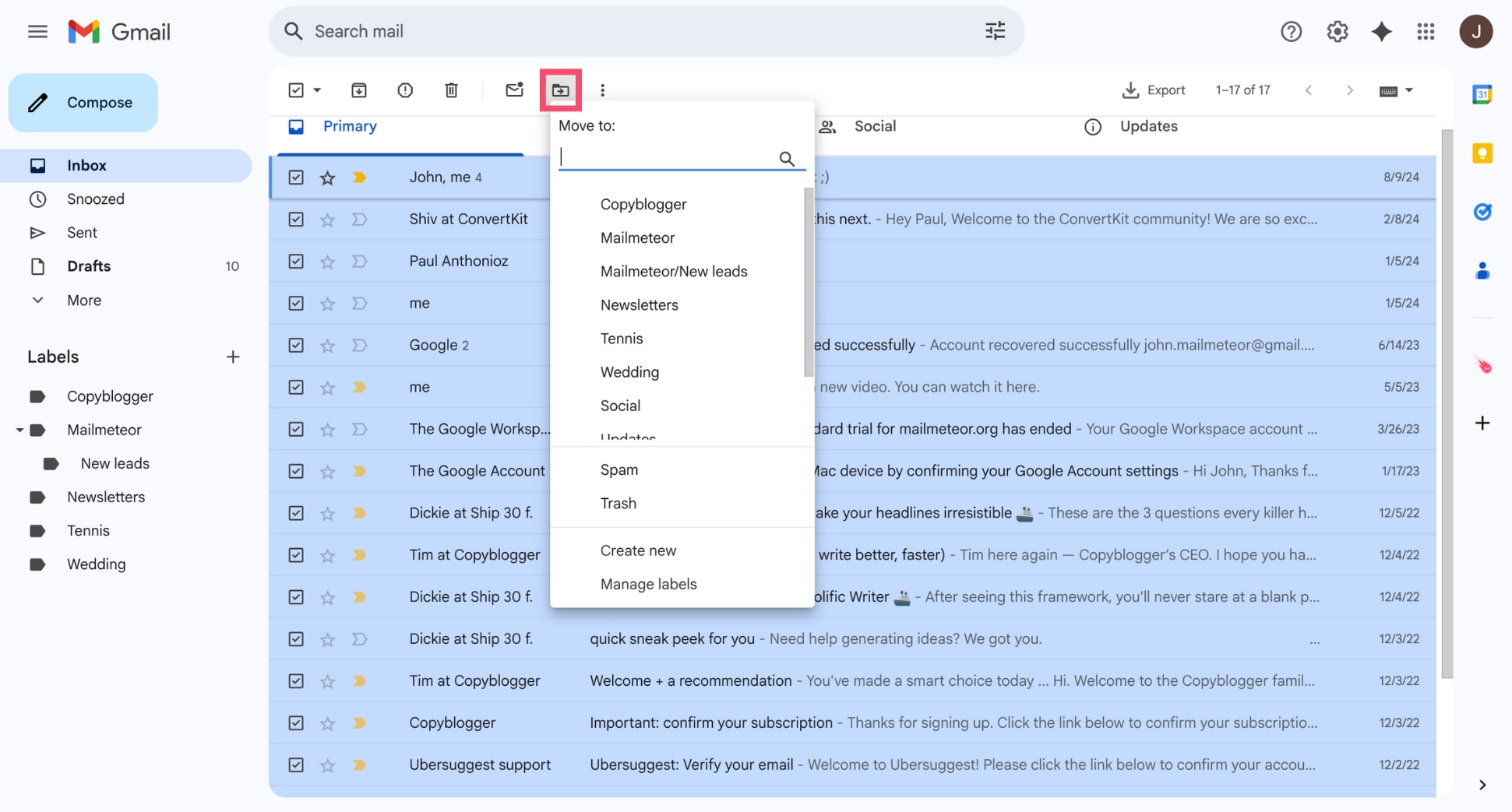 Move all emails to a different Gmail folder