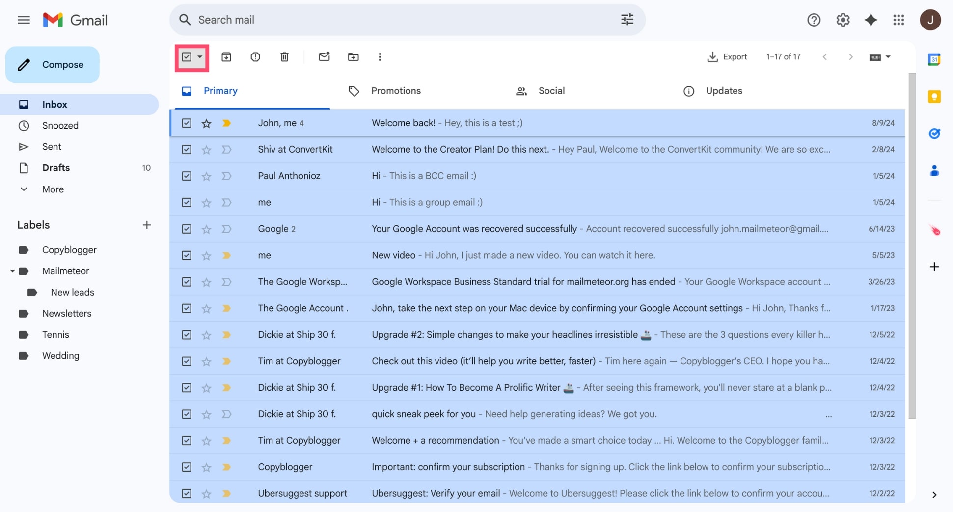 Select 50 emails at once in Gmail