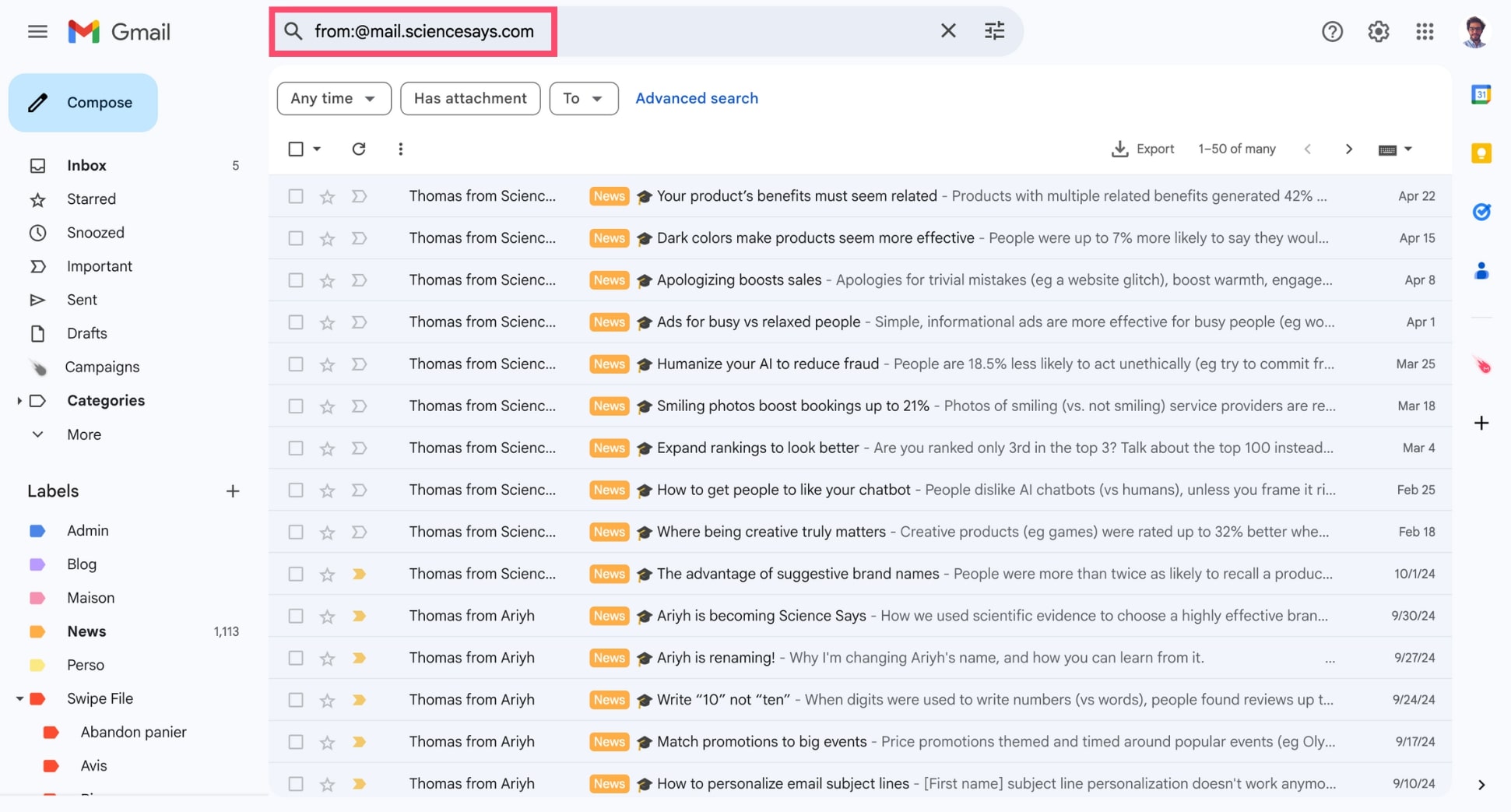 Select all emails from a sender in Gmail