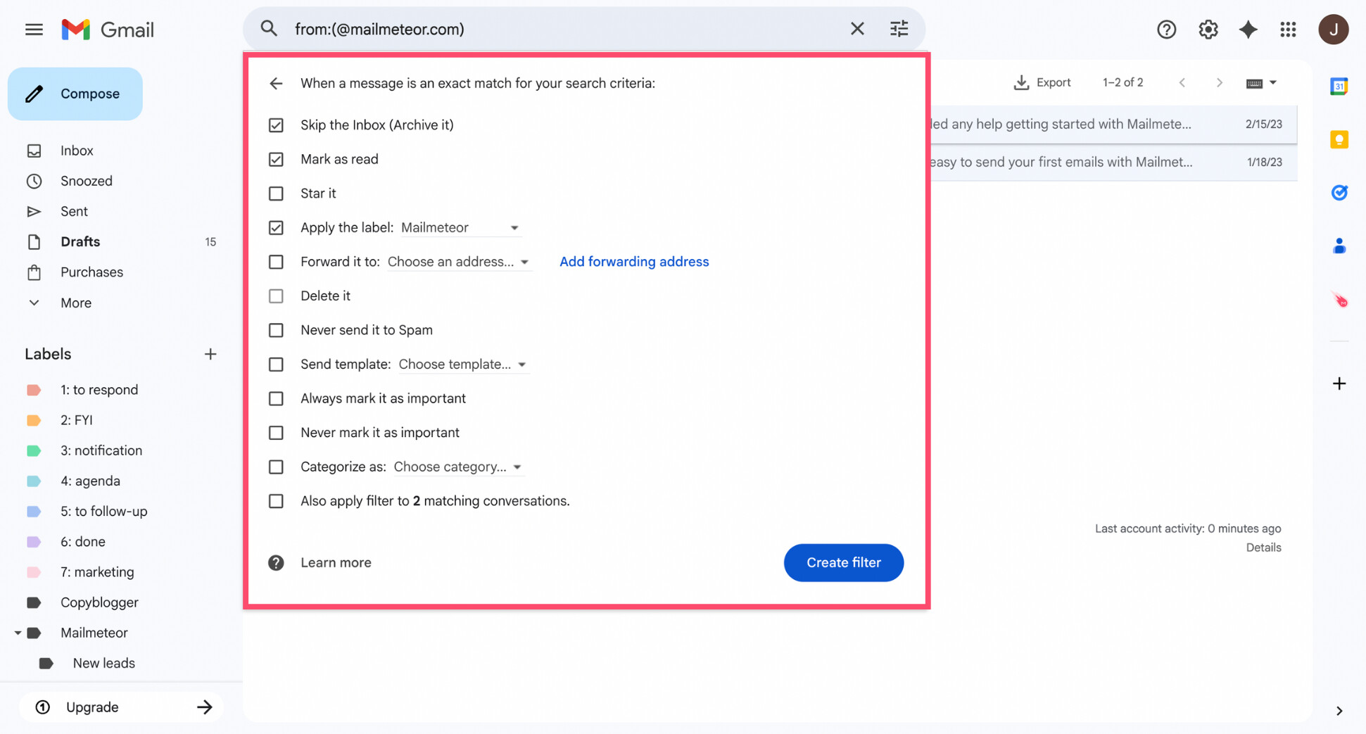 Gmail filter options showing Apply label, Skip the Inbox, and Mark as read selected