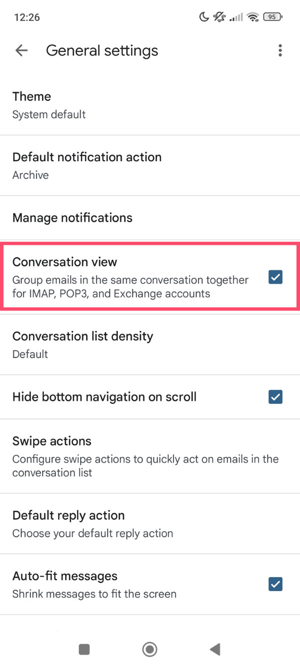 Gmail account settings on Android showing the Conversation View option