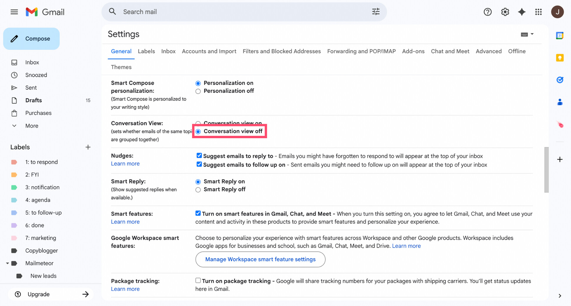 Gmail Conversation View setting with “Conversation view off” selected