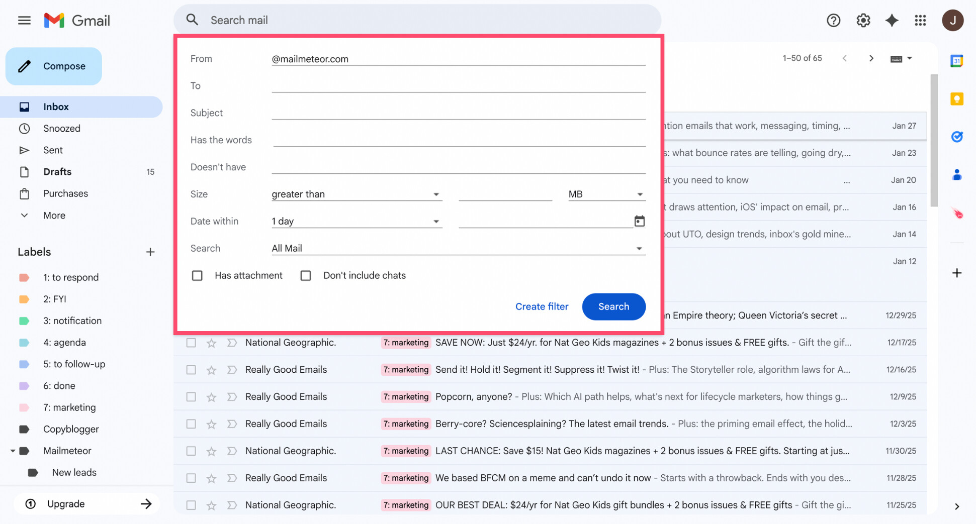 Gmail advanced search panel with the “From” field filled with a sender email address