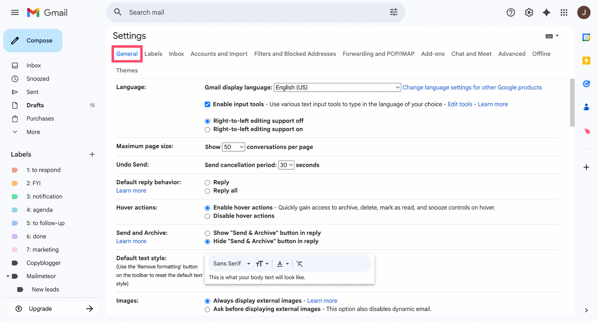 Gmail Settings page open on the General tab