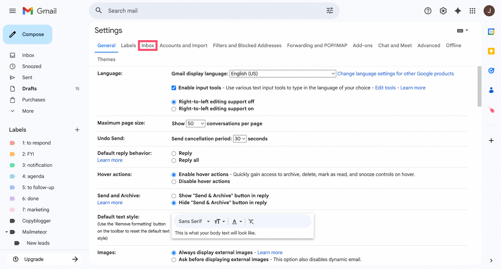 Gmail Settings page showing the Inbox tab selected