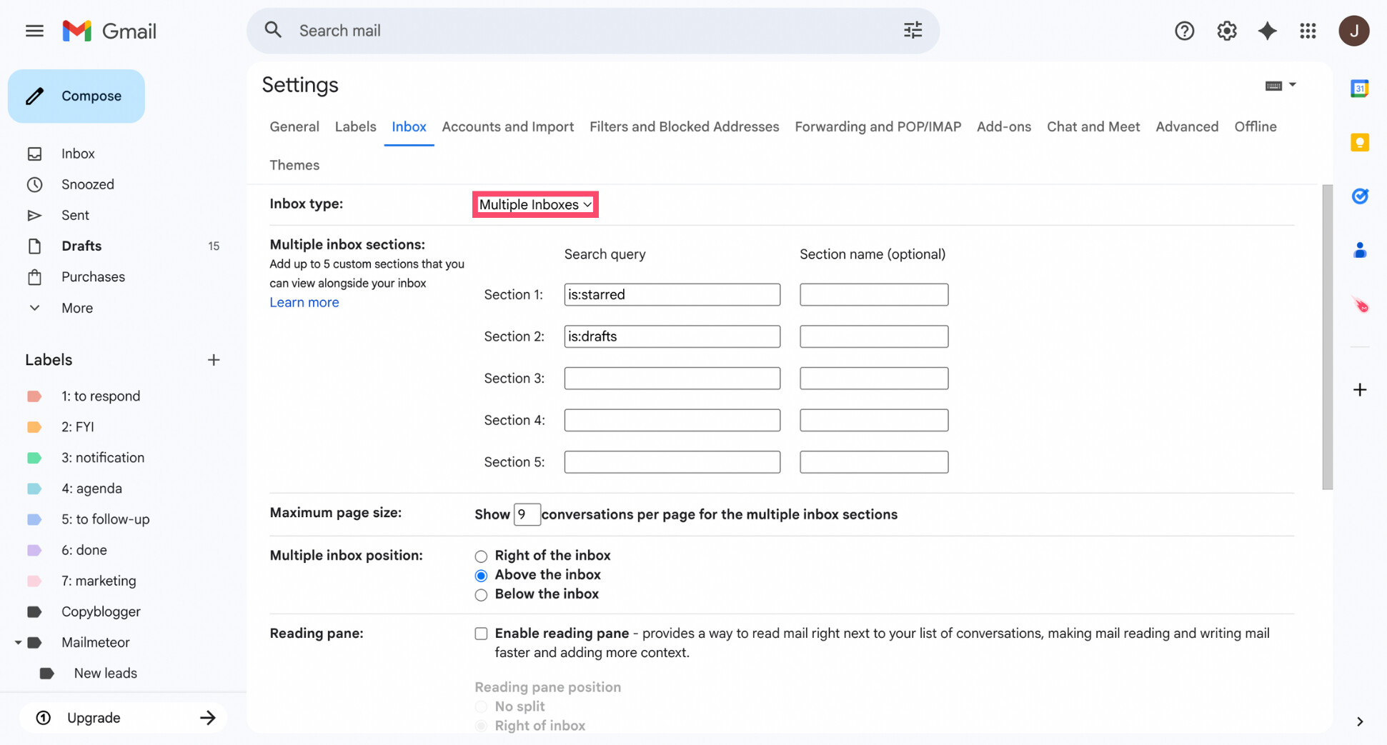 Gmail Inbox type options