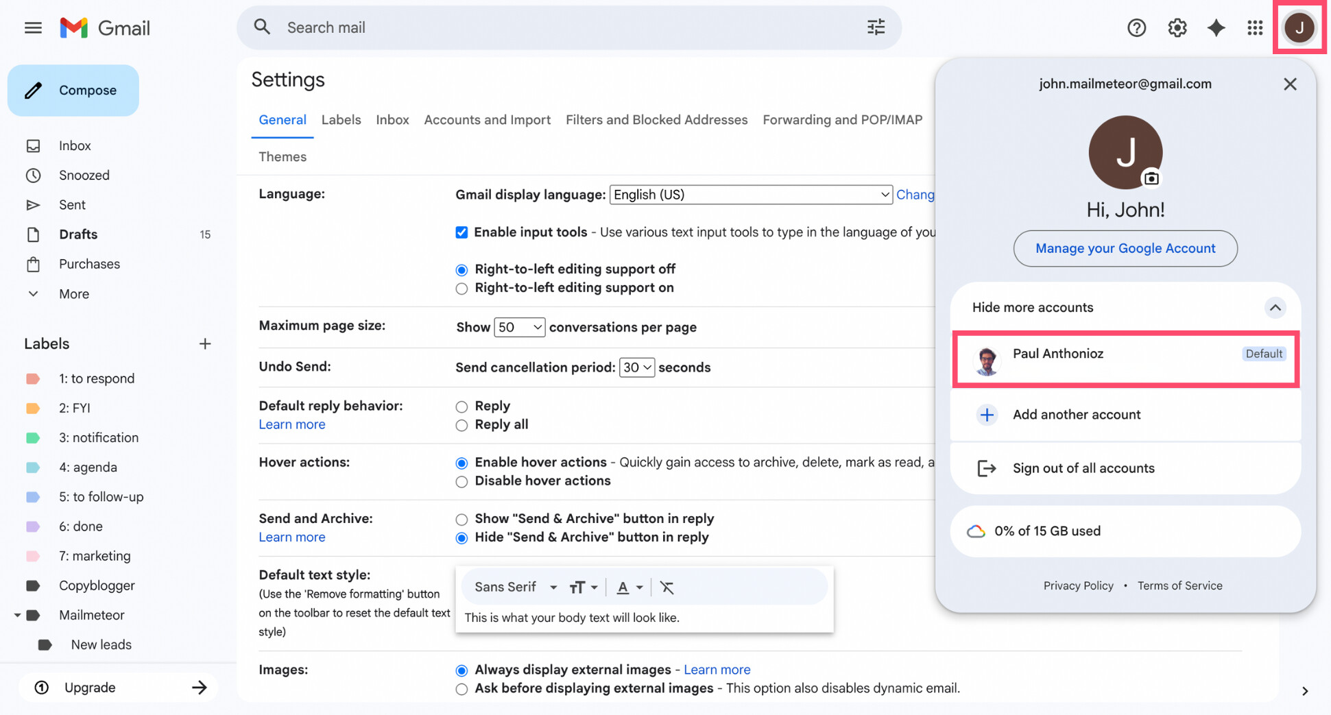 Gmail account switcher menu showing multiple Google accounts after clicking the profile picture