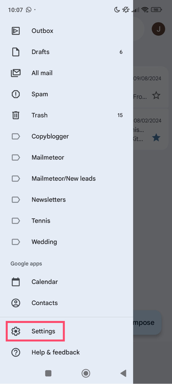 Gmail app Settings screen on Android
