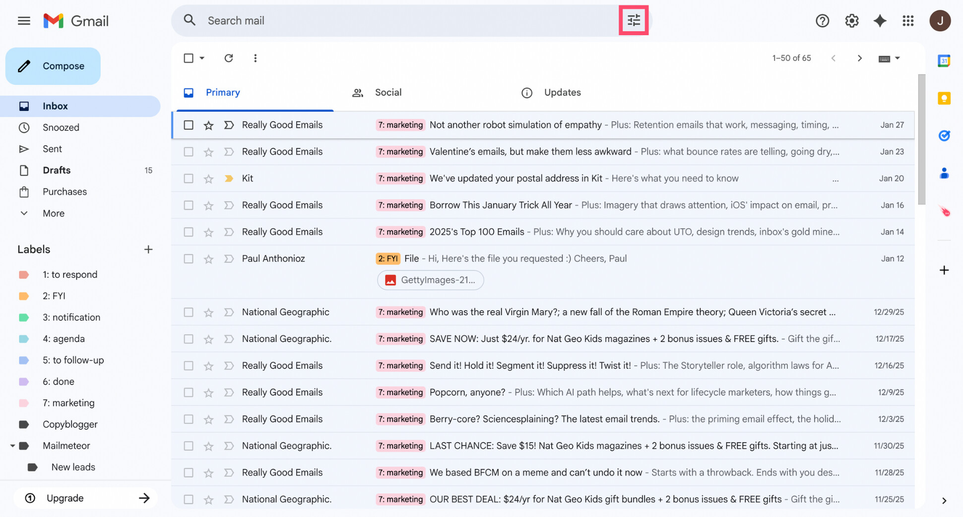 Gmail search bar with the “Show search options” icon