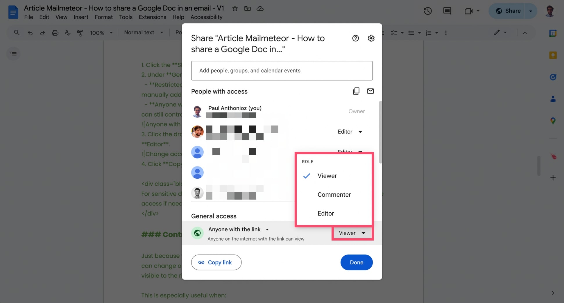 Change access level in Google Docs