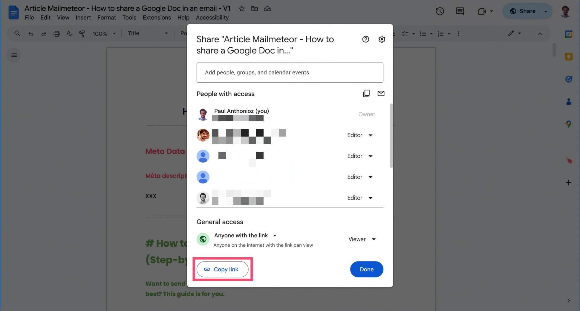 Copy the link to share your Google Doc