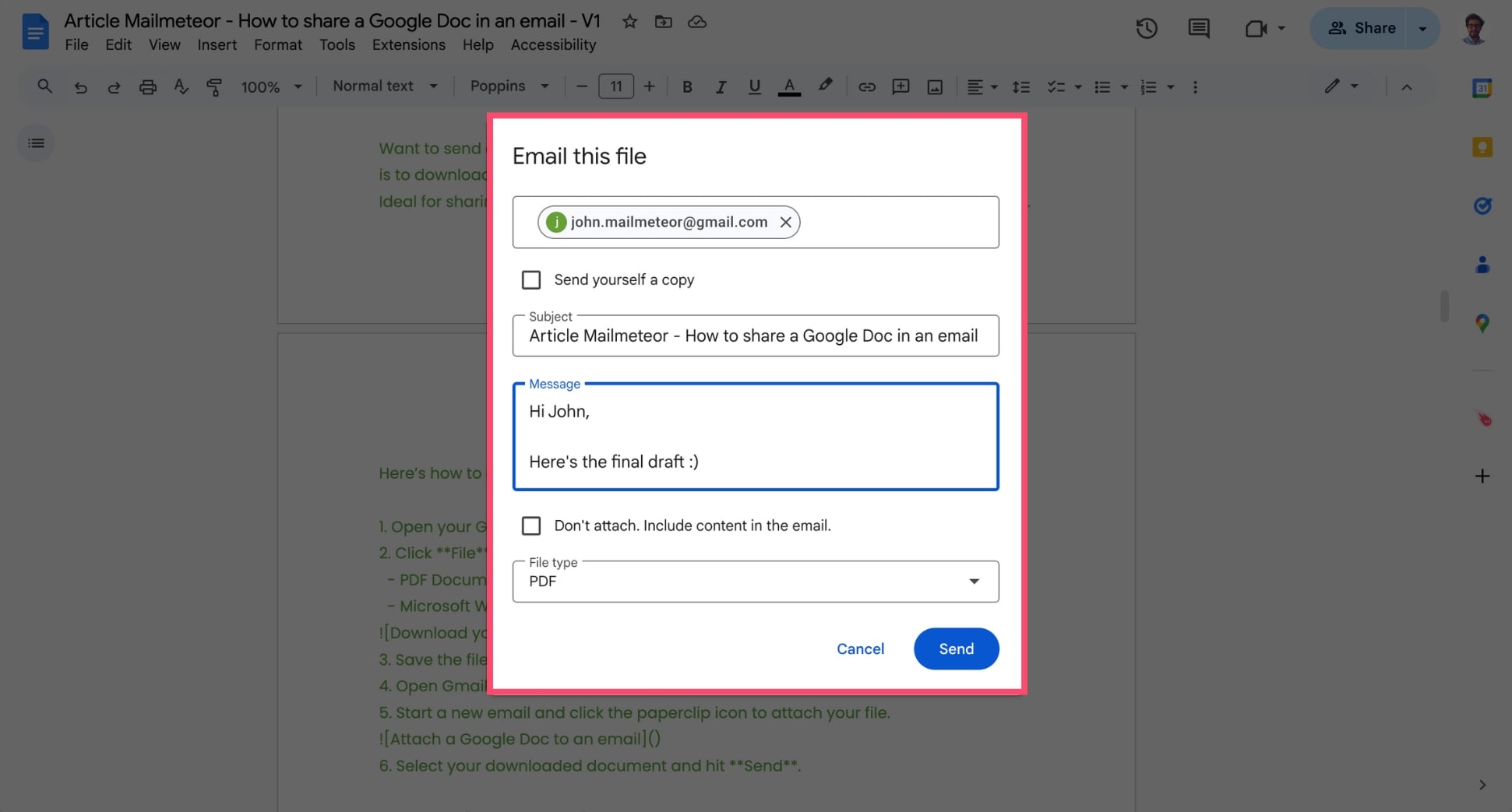Email a document directly from Google Docs