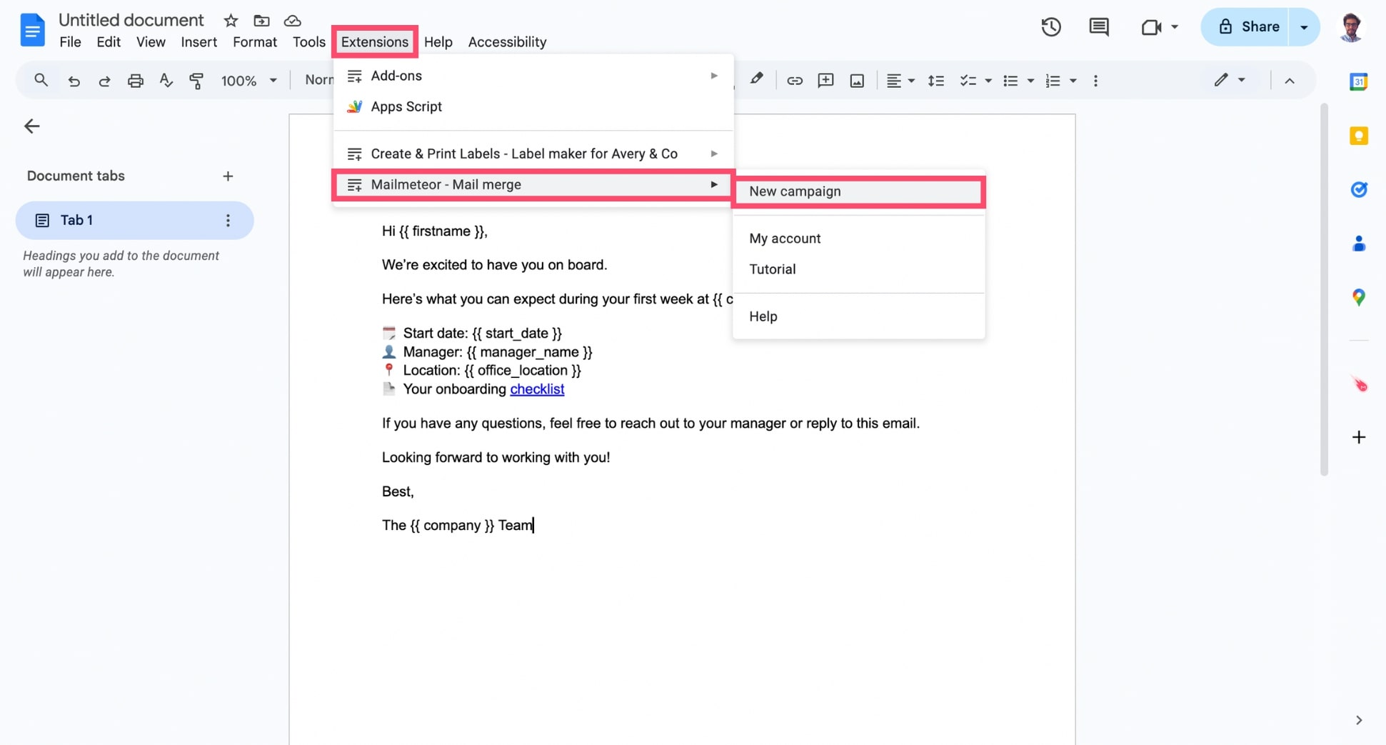 Open Mailmeteor in Google Docs