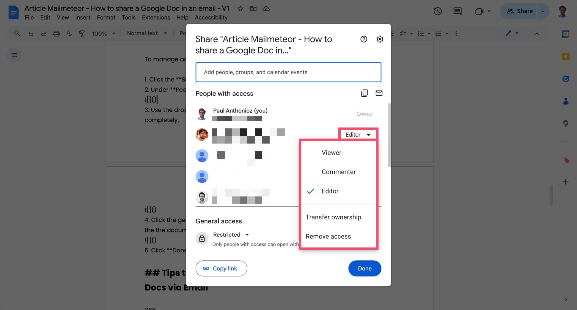 Edit permission or remove access to a Google Doc