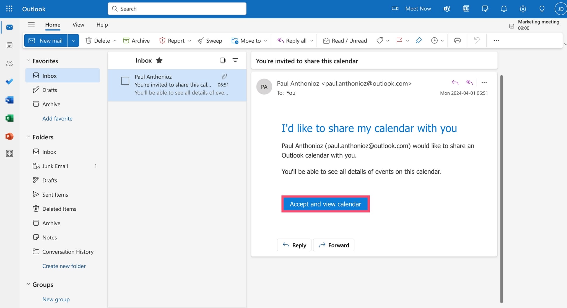 Accept and view Outlook calendar