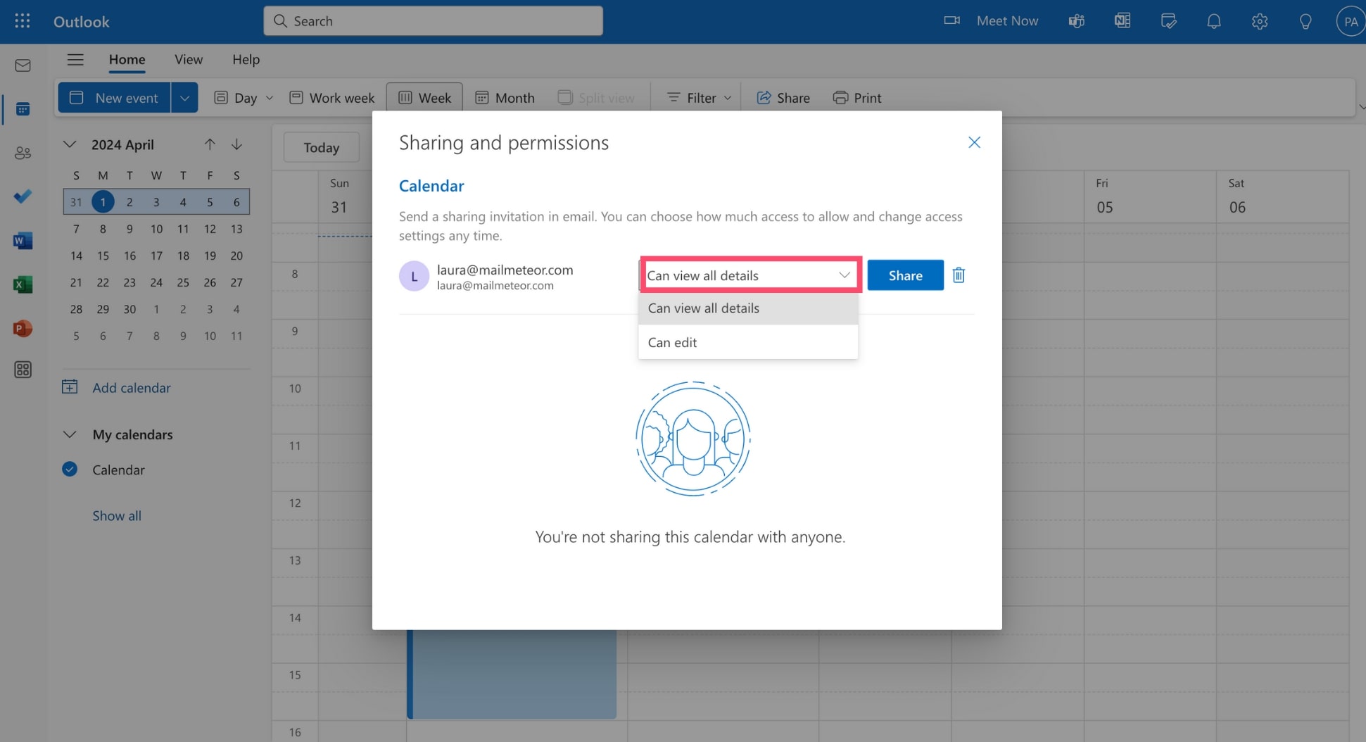 Change permissions for a shared calendar in Outlook