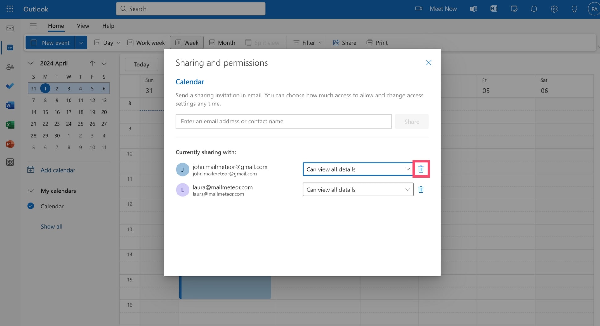 Remove access to a shared calendar in Outlook