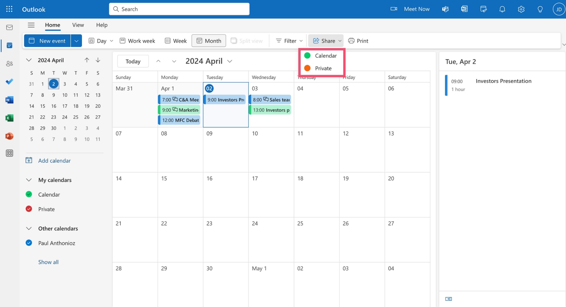 Select the calendar you want to share in Outlook.com