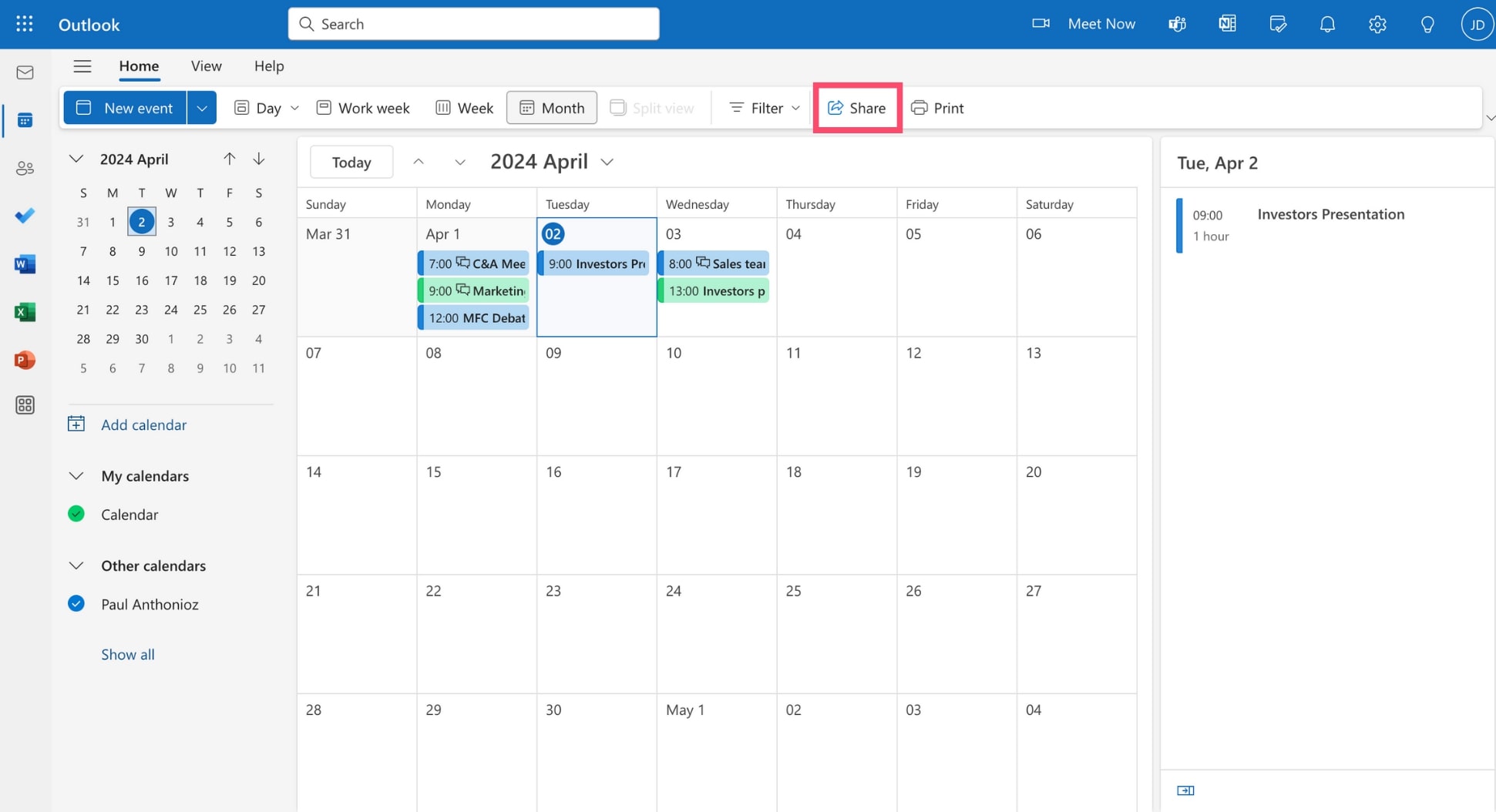 Share calendar in Outlook.com