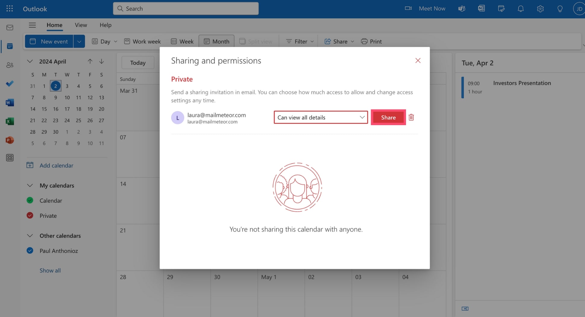 Share your schedule with someone in Outlook.com