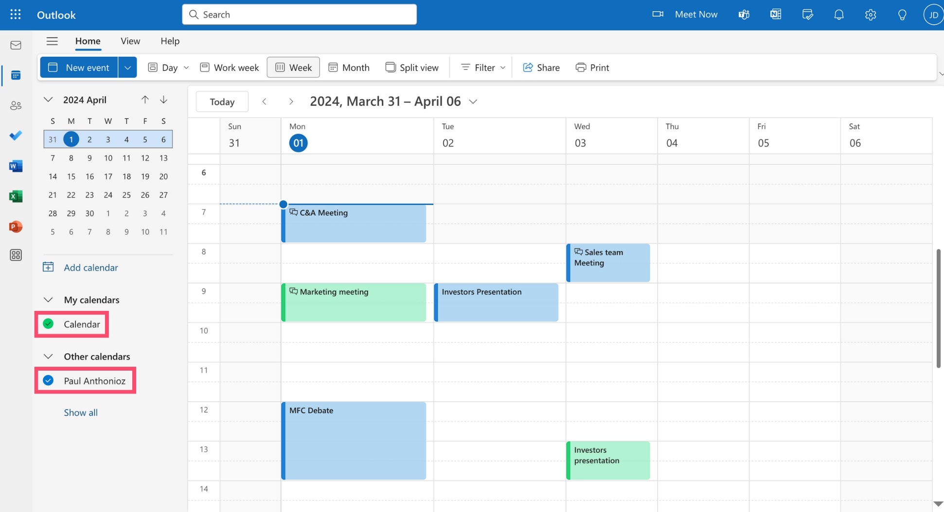 View or hide a shared Outlook calendar