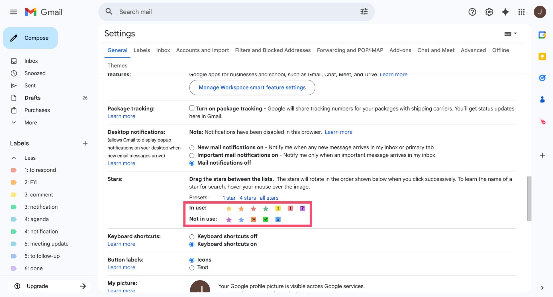 Drag star icons into the In use row to enable additional star colors in Gmail