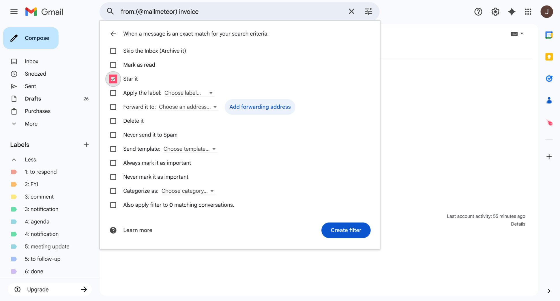 Select the Star it option in Gmail filter settings to automatically star emails