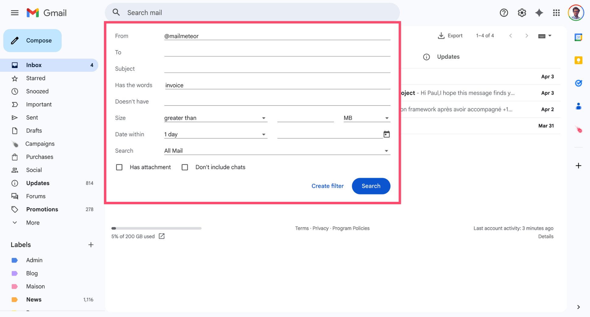 Enter filter criteria in Gmail to automatically star specific emails