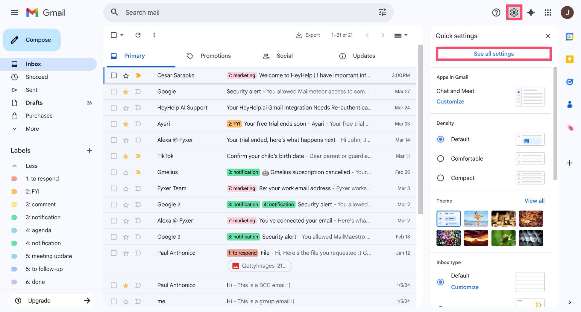 Click See all settings in Gmail to open the full settings page