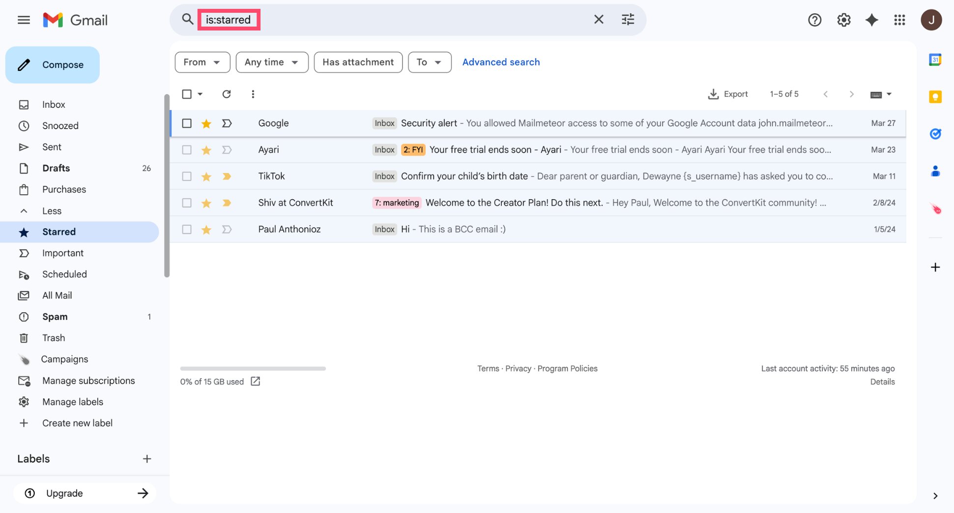 Click the Gmail search bar to type is:starred and find all starred emails