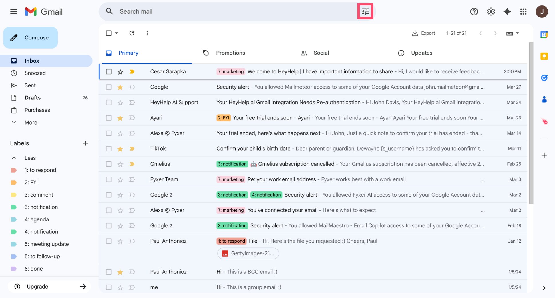 Click the Show search options icon in Gmail to create a filter