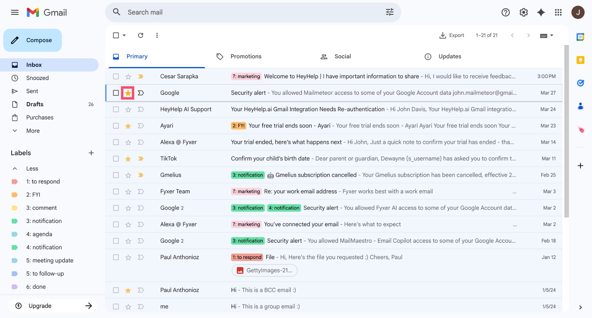 Click the star icon next to an email in Gmail to mark the message as starred