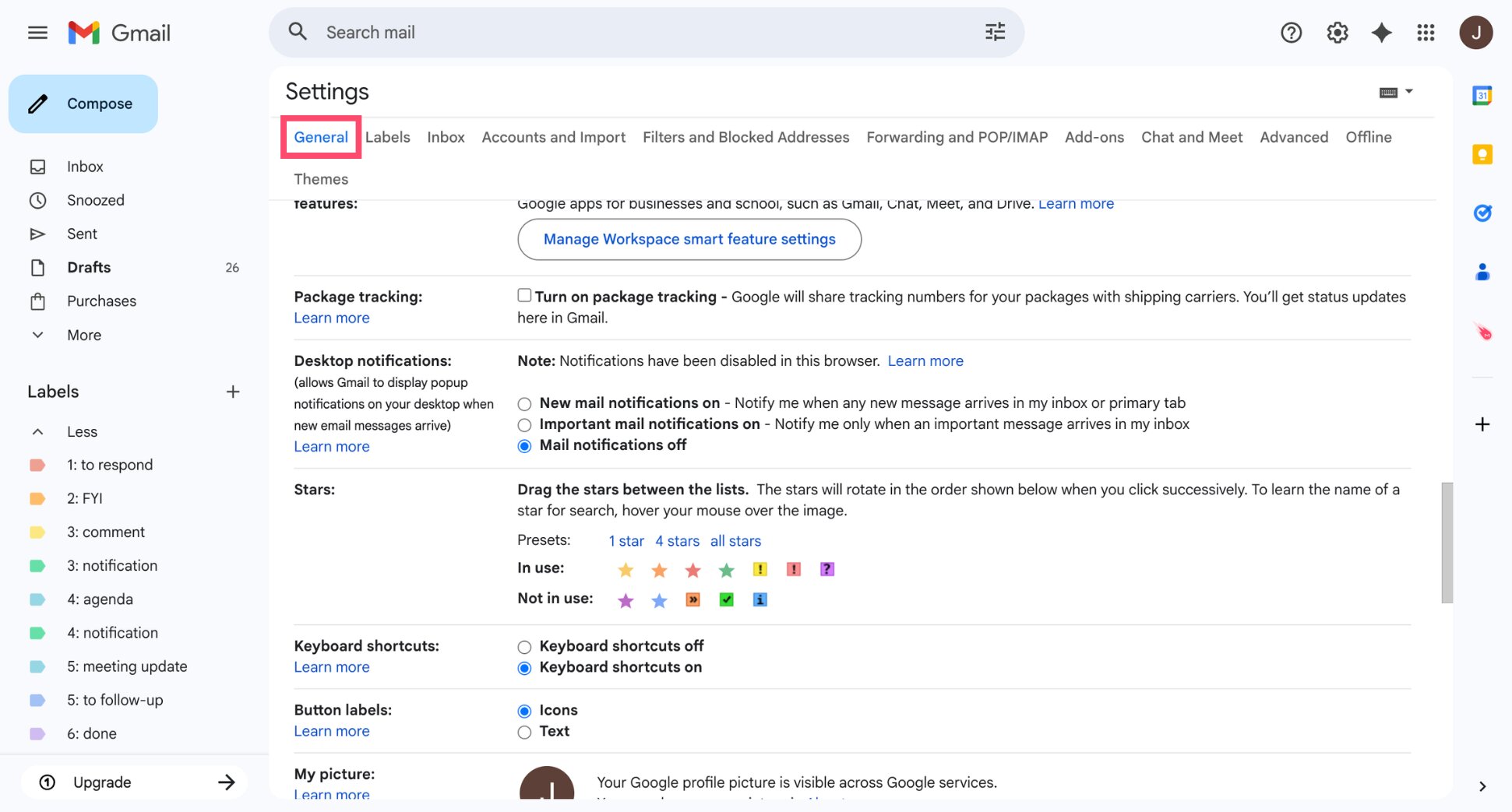 Scroll to the Stars section in Gmail settings to manage star options