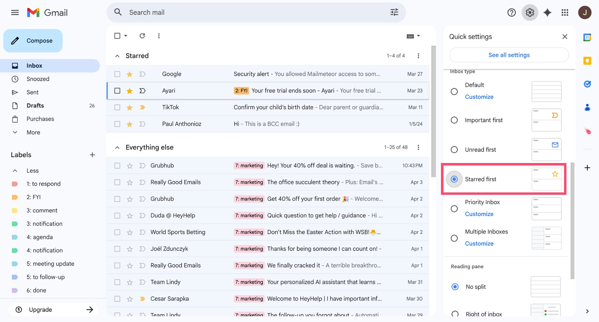 Select Starred first as the inbox type in Gmail settings to show starred emails at the top