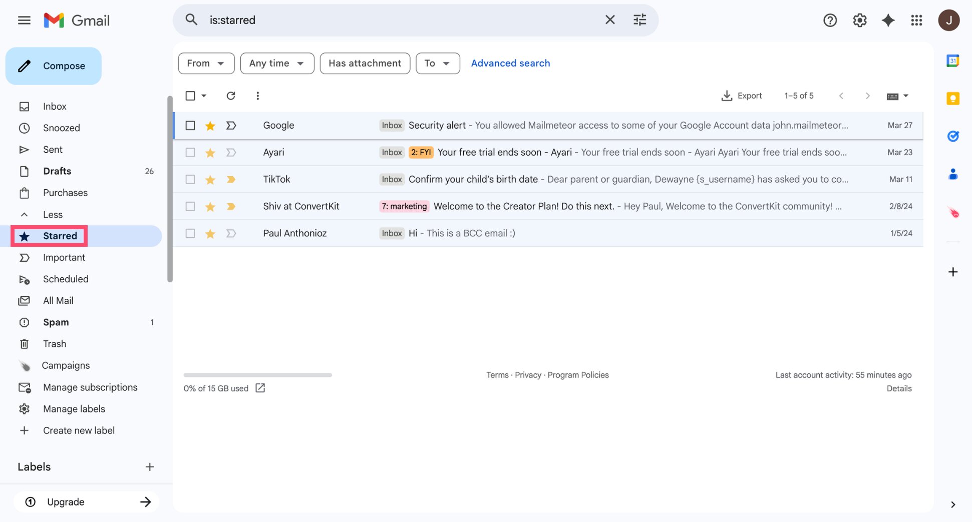 Click the Starred label in the Gmail sidebar to view all starred emails