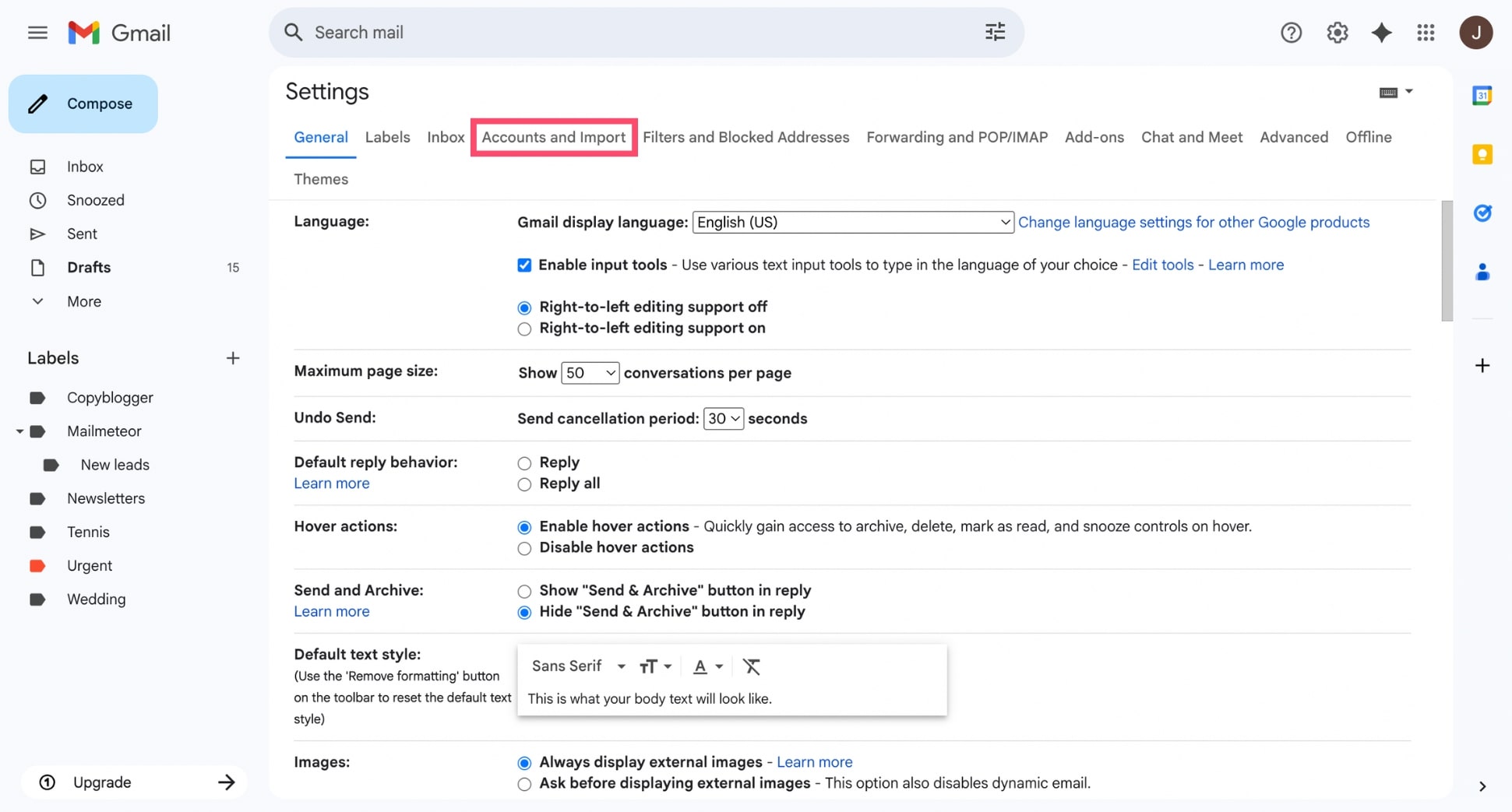 Accounts and Import tab
