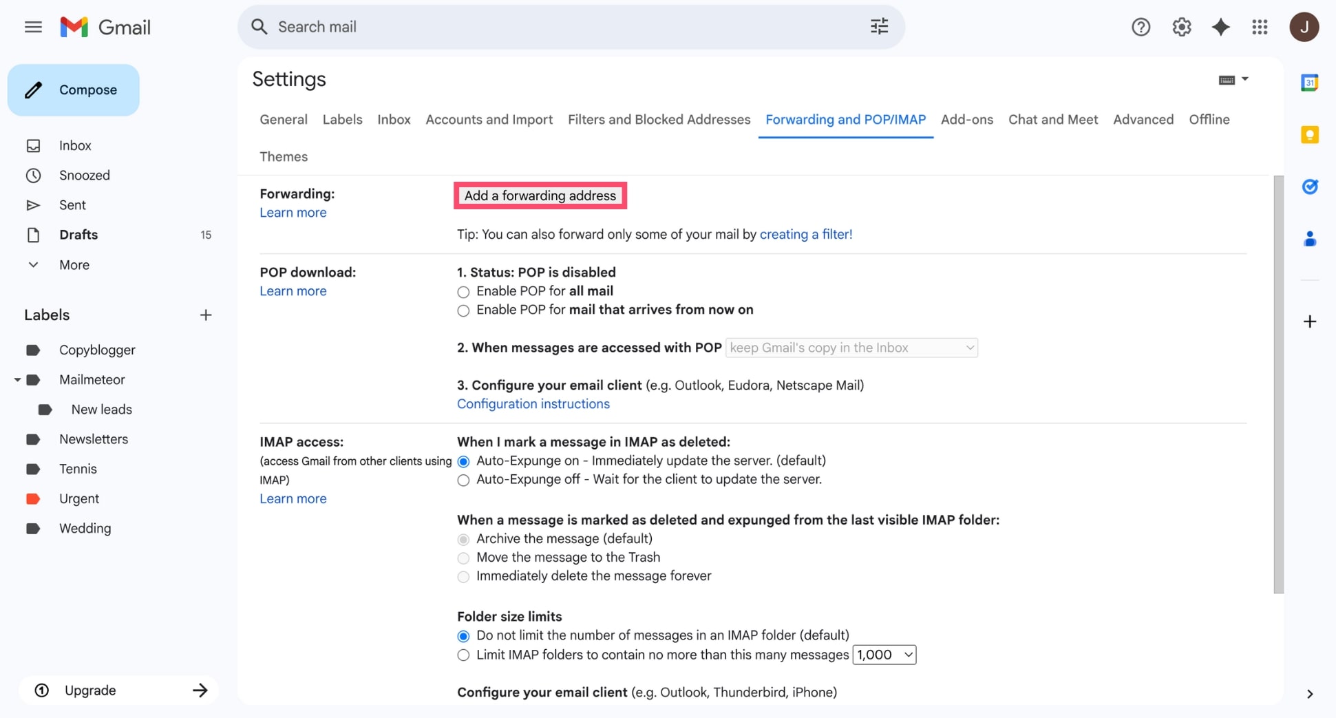 Add a forwarding address in Gmail