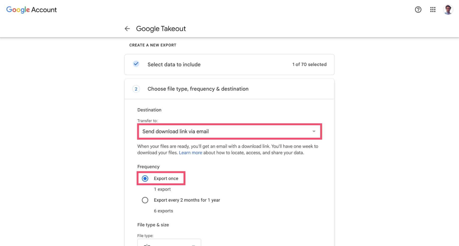 Choose a file type in Google Takeout