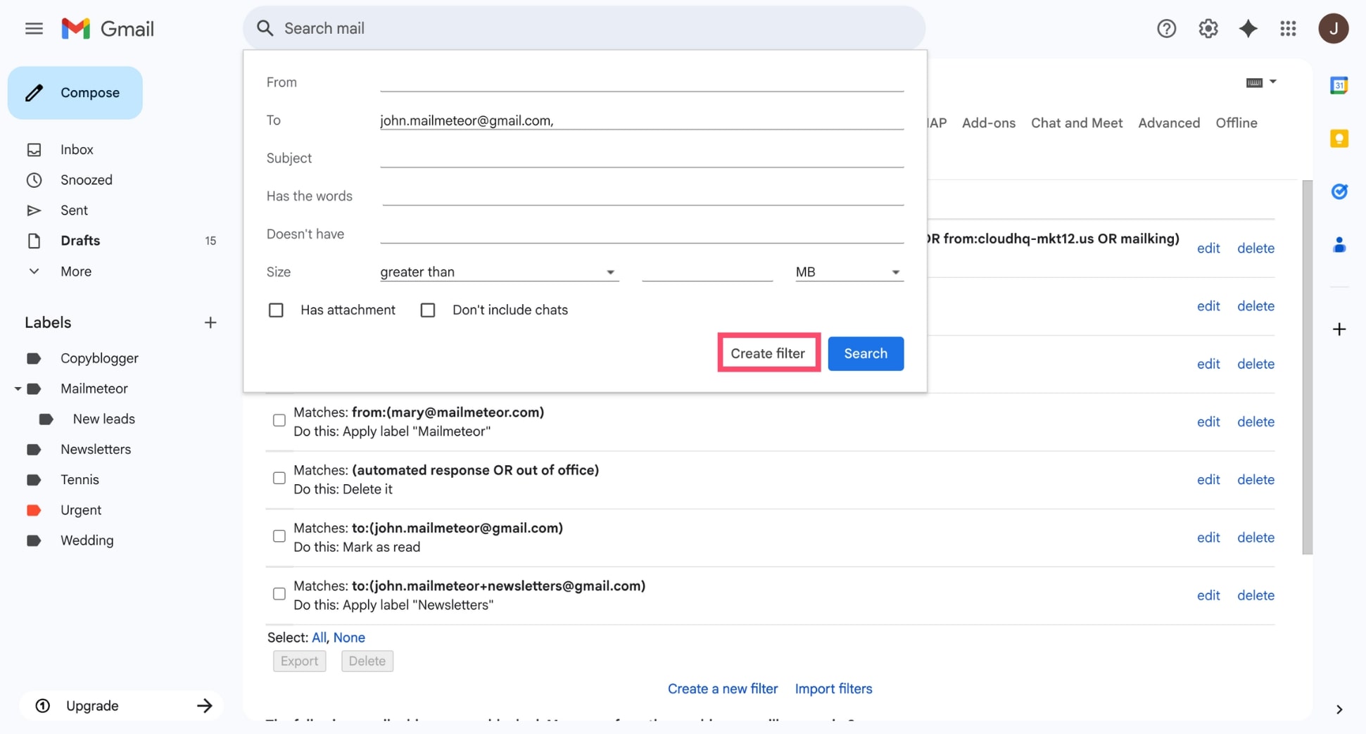 Configure an email rule in Gmail