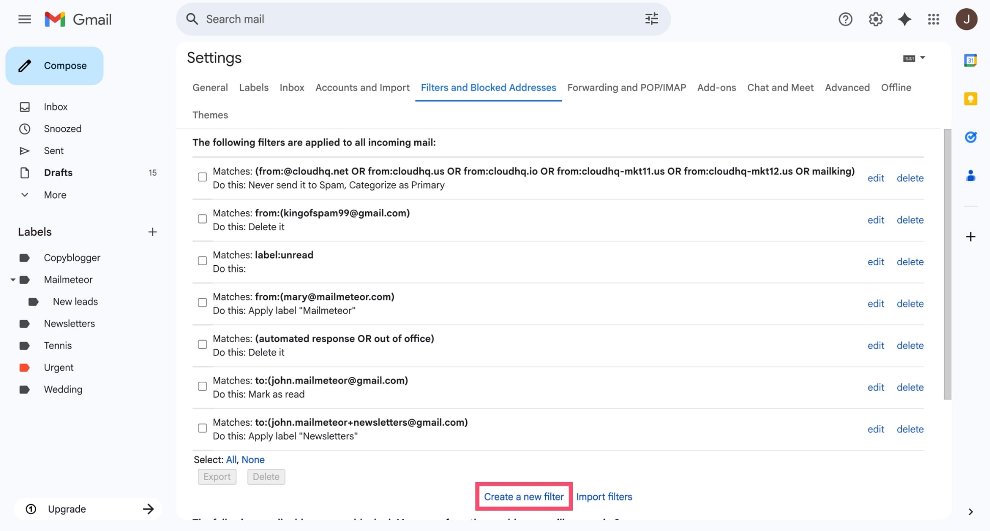 Create a new filter in Gmail
